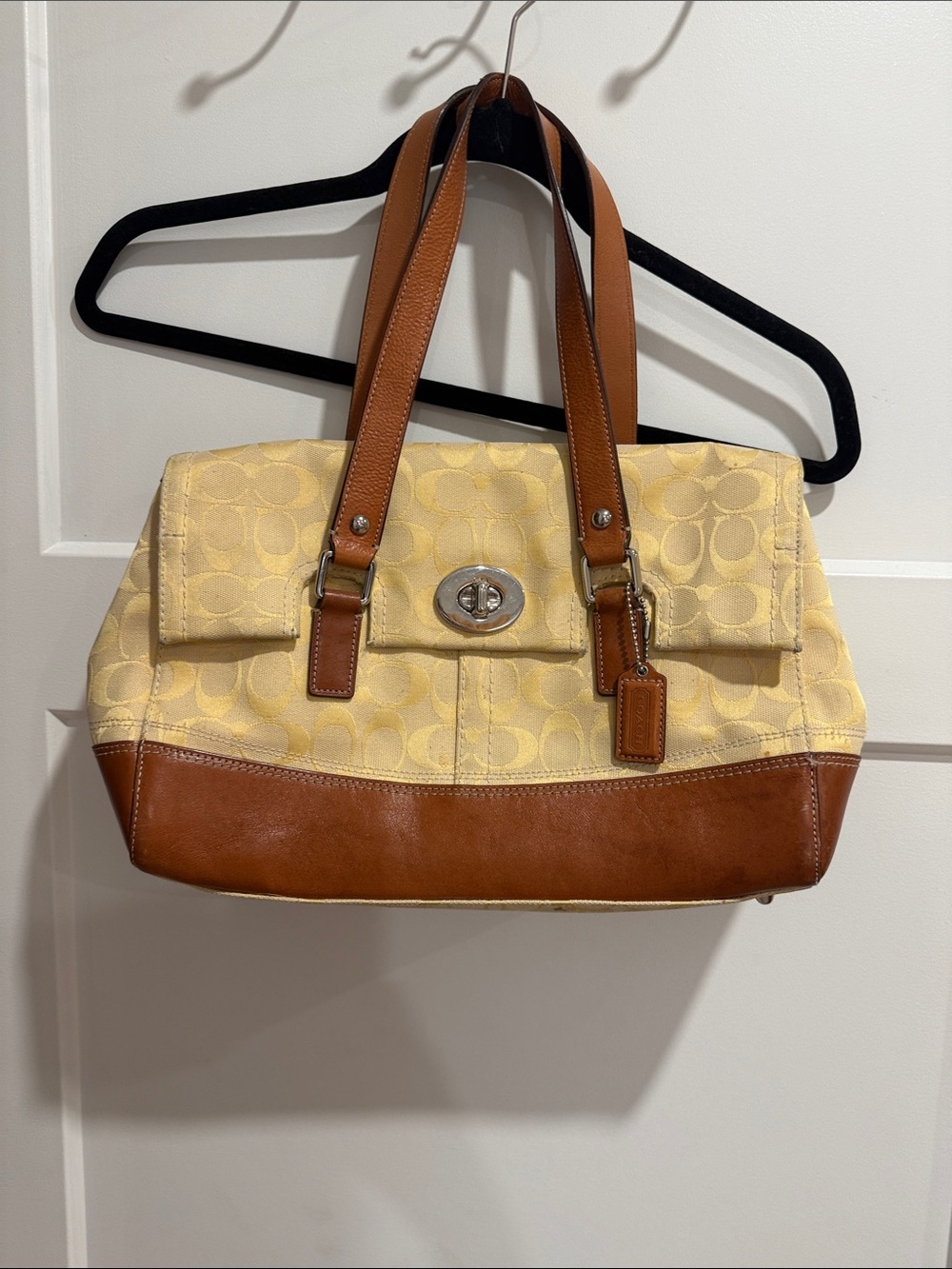 Coach Butter Yellow Signature Canvas Shoulder Bag with Brown Leather Trim